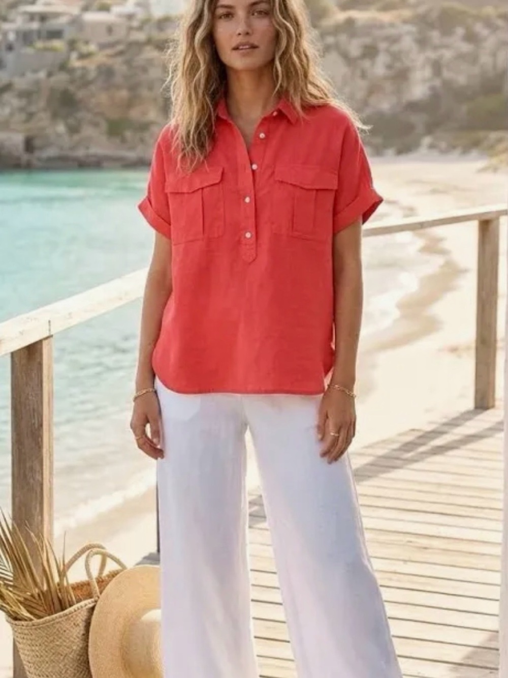 J. Crew Irish Linen Baird McNutt Coral Short-Sleeve Button-Front Shirt